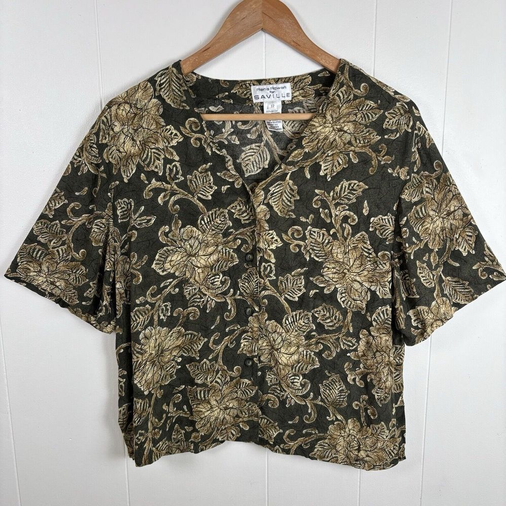 VTG Rena Rowan for Saville Tropical Button Down Khaki Rayon Shirt Women's 12‎